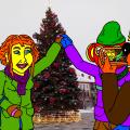 Tukurutis ir Irena fotografuojasi prie Panevėžio miesto centrinės kalėdinės eglės